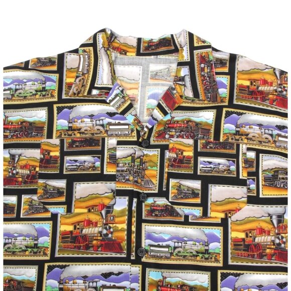 Trains Poscard Picture Ticket to Ride Locomotive Print Button Mens Shirt XL /813 - Picture 2 of 4